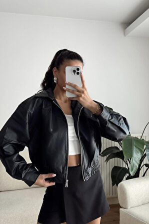 Prifaldi Premium Pb Oversize Bomber Belden Lastikli Deri Ceket Siyah