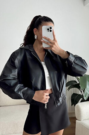 Prifaldi Premium Pb Oversize Bomber Belden Lastikli Deri Ceket Siyah