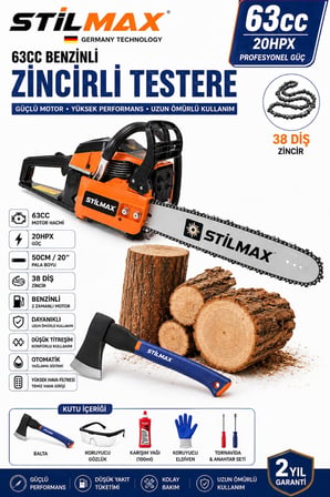 63CC Benzinli Ağaç Kesme Motoru 50 cm Pala 38 Diş Zincir Profesyonel Zincir Testere Seti + Balta