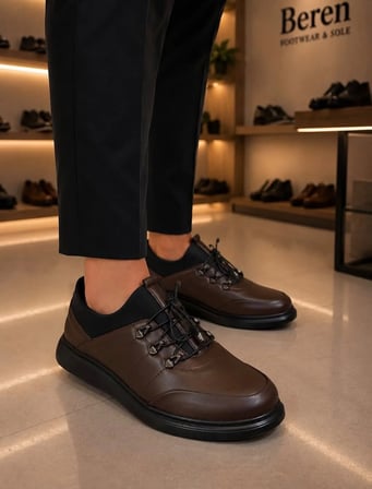 BEREN Erkek Hakiki Deri Kahverengi Esnek Boğazlı Casual Ayakkabı Ortopedik Taban Sneaker