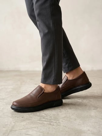 BEREN Erkek Hakiki Deri Kahverengi Bağcıksız Slip-on Casual Günlük Ayakkabı Ortopedik Taban Loafer