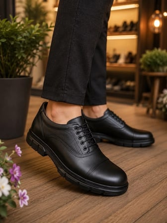 BEREN Erkek Siyah Hakiki Deri Ortopedik İç Tabanlı Cap-Toe Bağcıklı Günlük Casual Ayakkabı
