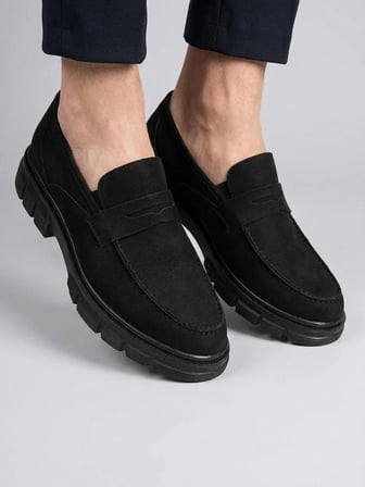 BEREN Erkek Siyah Nubuk Deri Ortopedik Taban Penny Loafer Casual Günlük Ayakkabı