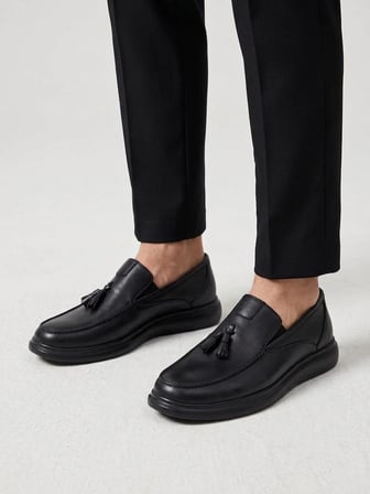 BEREN Erkek Siyah Hakiki Deri Püsküllü Ortopedik Taban Tassel Loafer Ayakkabı
