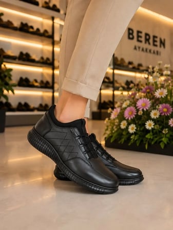 BEREN Kadın Siyah Hakiki Deri Ortopedik Taban Lastikli Bağcıksız Geçmeli Konforlu Günlük Casual Ayakkabı
