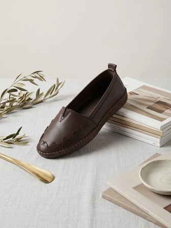 BEREN Hakiki Deri Acı Kahve Kadın Babet Ortopedik Taban Düz Motifli Slip-On Comfort Ayakkabı