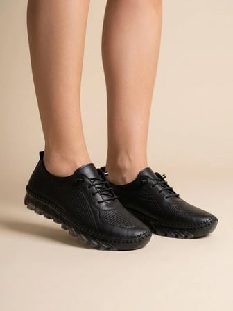 BEREN Hakiki Deri Siyah Kadın Ayakkabı Lazer Delikli Ortopedik Taban Casual Günlük Yürüyüş Ayakkabısı Sneakers