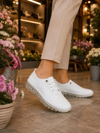 BEREN Hakiki Deri Beyaz Kadın Ayakkabı Ortopedik Taban Düz Esnek Bağcıklı Comfort Casual Günlük Sneaker