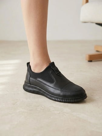 BEREN Hakiki Deri Siyah Kadın Ayakkabı Ortopedik Taban Bağcıksız Comfort Casual Günlük Sneaker