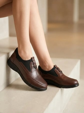 BEREN Hakiki Deri Kahverengi Kadın Ayakkabı Ortopedik Taban Bağcıksız Comfort Casual Günlük Sneaker