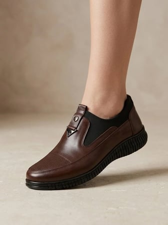 BEREN Hakiki Deri Kahverengi Kadın Ayakkabı Ortopedik Taban Bağcıksız Comfort Casual Günlük Sneaker