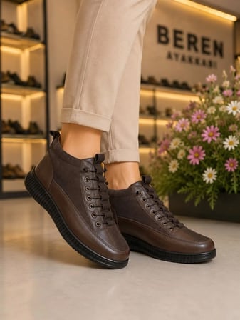 BEREN Hakiki Deri Kahverengi Kadın Bot Süet Garnili Bağcıklı Ortopedik Comfort Günlük Casual Sneaker Bot