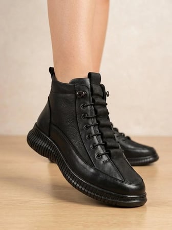 BEREN Hakiki Deri Siyah Kadın Bot Süet Garnili Bağcıklı Ortopedik Comfort Günlük Casual Sneaker Bot
