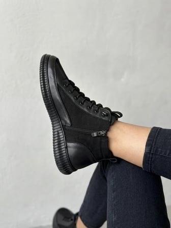 BEREN Hakiki Deri Siyah Kadın Bot Süet Garnili Bağcıklı Ortopedik Comfort Günlük Casual Sneaker Bot