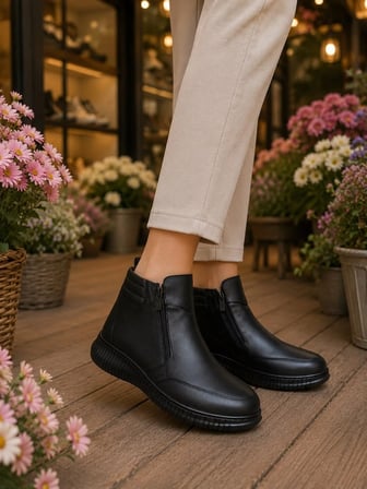 BEREN Hakiki Deri Siyah Kadın Bot Ortopedik Düz Taban Çift Fermuarlı Comfort Casual Günlük Sneaker Bot