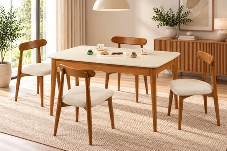 GANNİ HOME Bergamo Açılır Yemek Masası Takımı Krem Ceviz – 4 Adet Oslo Sandalye, MDF Tabla ve Gürgen İskelet