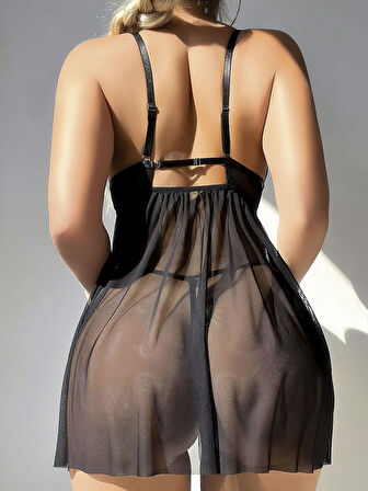 Siyah Göğüs Detaylı Yırtmaçlı Fantezi Tül Gecelik