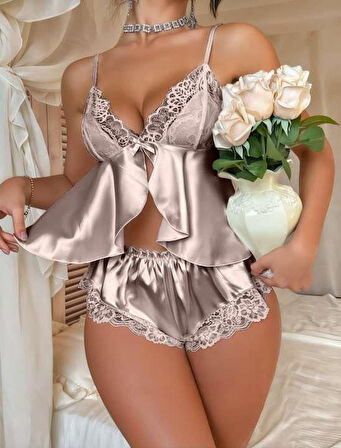 Vizon Dantel İşlemeli İnce Askılı Saten Şortlu Takım