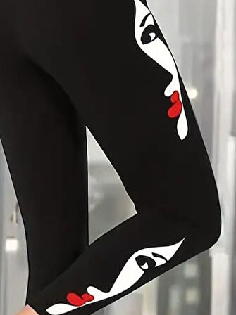 Yüz Baskılı Kadın Dalgıç Tayt