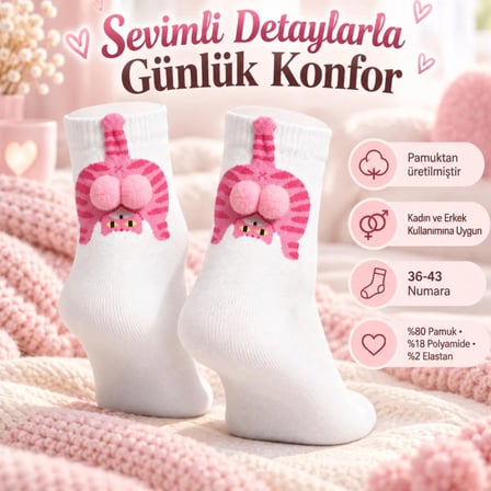 Kadın Soket Çorap Seti - Beyaz Pembe Kedi Desenli Ponponlu, 3'lü Paket