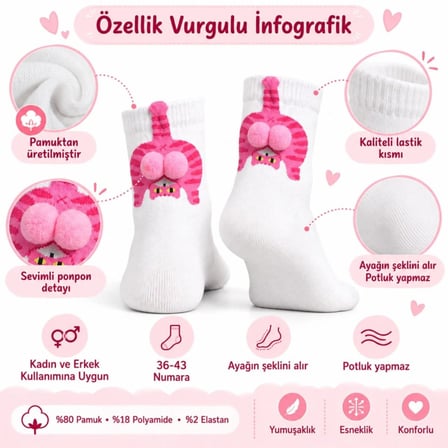 Kadın Soket Çorap Seti - Beyaz Pembe Kedi Desenli Ponponlu, 3'lü Paket