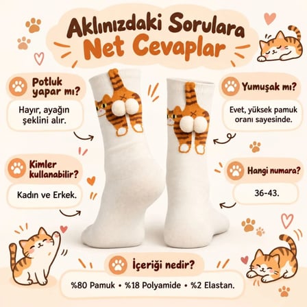 Kadın Soket Çorap Seti - Krem Turuncu Kedi Desenli Ponponlu, 3'lü Paket