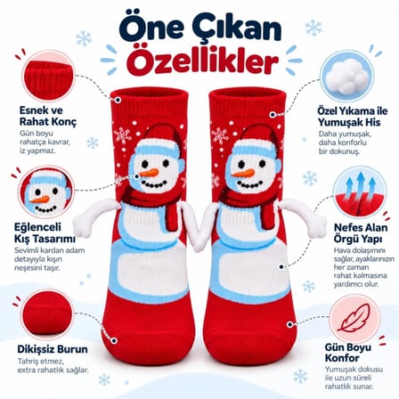 Kırmızı Kardan Adam 2'li Desenli Yılbaşı Çorabı | 3d Kollu El Ele Tutuşan Eğlenceli Soket Çorap Seti
