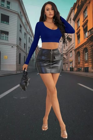 Mavi Derin U Yaka Crop Top Uzun Kollu Dar Kesim Kadın Bluz
