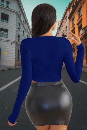Mavi Derin U Yaka Crop Top Uzun Kollu Dar Kesim Kadın Bluz
