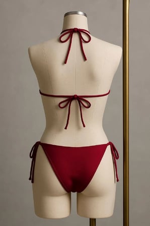 Bordo Üçgen Bikini Takımı Yandan Ve Boyundan Bağlamalı Esnek Kumaş Kadın Mayo Seti