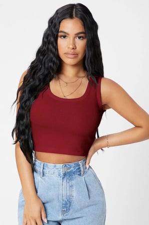 Kadın Bordo Modern Fit Kare Yaka Crop Top Bluz