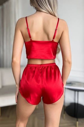 Özel Tasarım Kadın Kırmızı Saten Pijama Takımı İnce Askılı Şortlu