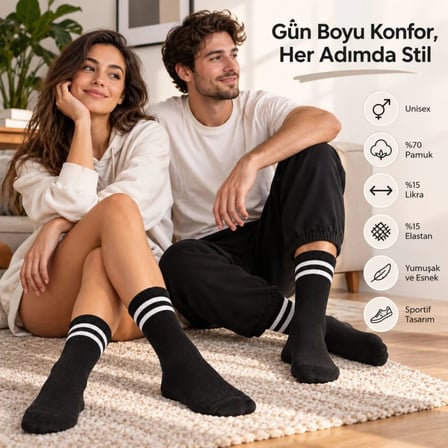 Unisex Beyaz Çorap Siyah Çizgili 12'li Set Uzun Soket Günlük Spor Kolej Stil Kadın Erkek Çorabı