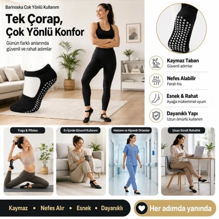Kadın Siyah Kaymaz Yoga Pilates Çorabı 3'lü | Silikon Taban, Bilek Bantlı, Ev Spor Umre