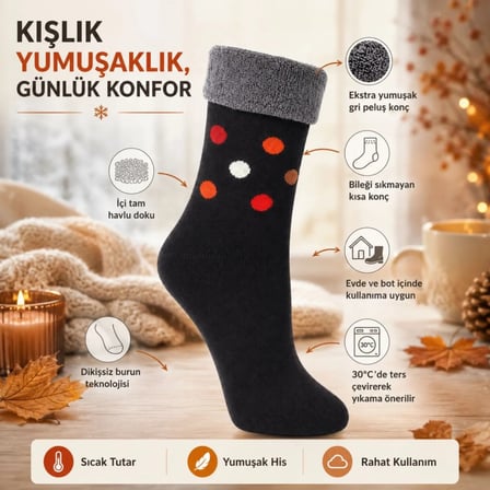 3’lü Kadın Kışlık Havlu Çorap Sıcak Tutan Yumuşak Karışık Desenli Günlük Çorap Seti