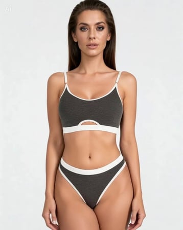 Kadın Gri Antrasit Kaşkorse Cut-out Detaylı Beyaz Lastikli Tanga Külotlu Şık Takım Premium İç Giyim