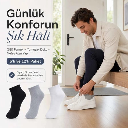 Erkek Kısa Konç Çorap 12'li | %80 Pamuklu Dikişsiz Burun, Nefes Alan, Siyah Gri Beyaz