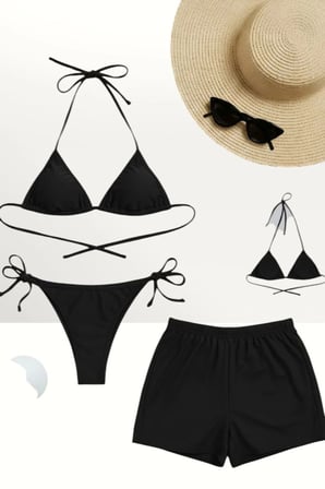 Siyah 3’lü Bikini Takımı Şortlu Yandan Bağlamalı Üçgen Üst Esnek Kadın Mayo