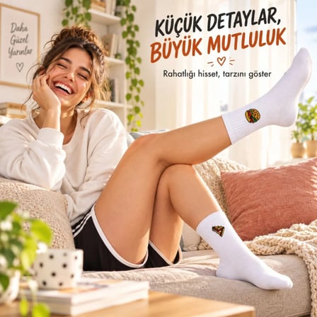 Unisex Çorap Beyaz Nakışlı 3'lü Set Pizza Hotdog Hamburger Desenli Uzun Soket Günlük Spor Çorap Seti