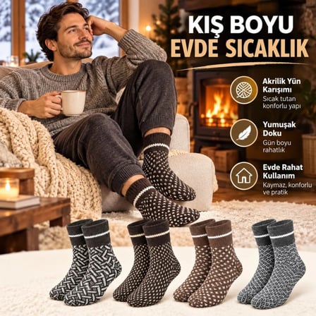 Erkek Kışlık Desenli Çorap 4'lü Seti Sıcak Tutan Yumuşak Rahat Günlük Renkli Uzun Soket Çorap Paketi