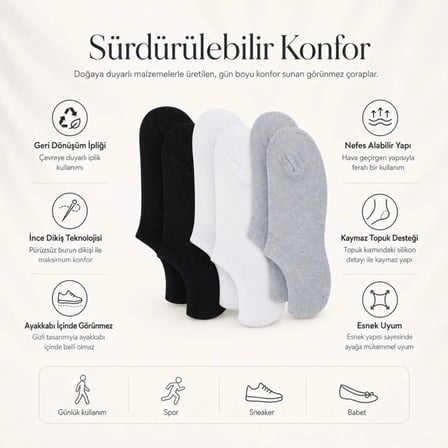 Kadın Görünmez Sneaker Babet Çorap 6'lı | Geri Dönüşüm İplikli, Nefes Alan, Siyah Beyaz Gri