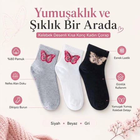 Kadın Kelebek Desenli Kısa Konç Çorap 3'lü | %80 Pamuklu Dikişsiz, Siyah Beyaz Gri