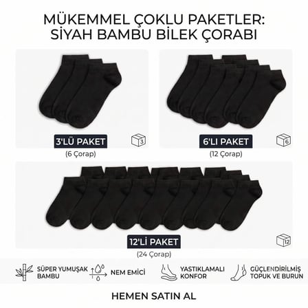 Erkek Bambu Patik Çorap 12'li | Nefes Alan Nem Emici Yumuşak, Siyah Beyaz Gri Günlük Spor