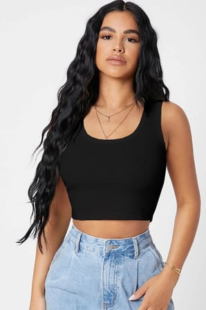 Kadın Siyah Modern Fit Kare Yaka Crop Top Bluz