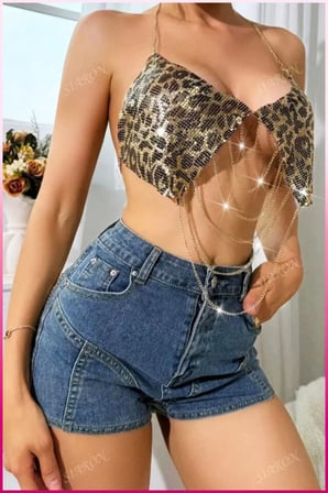 Kadın Leopar  Zincir Detaylı Askılı Crop Bluz Metal Dokulu Şık Parti Festival Club Konser Üstü