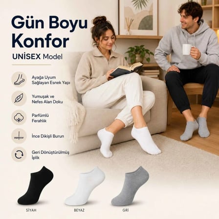Unisex Dikişsiz Patik Çorap 6'lı | %85 Pamuklu Geri Dönüşüm İplikli, Nefes Alan Spor