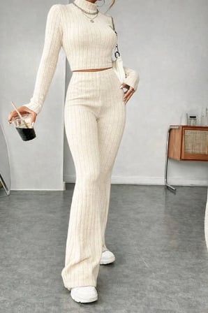 Kadın Ekru Fitilli Crop Uzun Kollu Üst Paça Pantolon Eşofman Takımı Şık 2’li Set