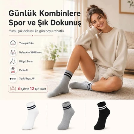 Unisex Çizgili Bilek Çorap 12'li | %80 Pamuklu Dikişsiz Burun, Siyah Beyaz Gri Günlük Spor