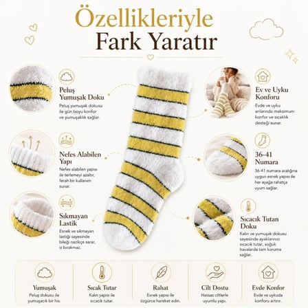 Peluş Çizgili Kadın Uyku Çorabı 36-40 Yumuşak Sıcak Tutan Sıkmayan Ev Çorabı Sarı Beyaz