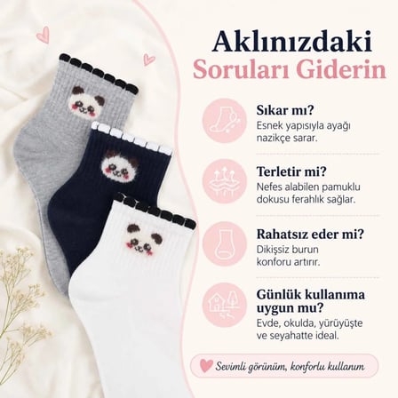Kadın Panda Desenli Kısa Konç Çorap 3'lü | %80 Pamuklu Dikişsiz, Siyah Beyaz Gri